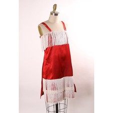 1960s Red Satin Style Sleeveless White Fringe Flapper Style Costume Dress