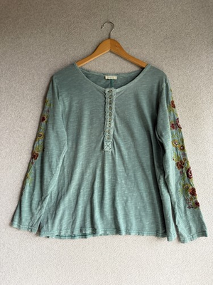 #ad #ad Sundance Top Womens Medium Blue Green Floral Embroidery Henley Boho Pure Cotton $19.99