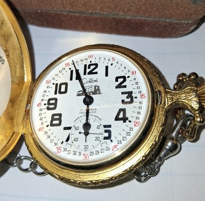 Train Engine Colibri Pocket Watch & Case 17 Jewels Locomotive WORKS GREAT