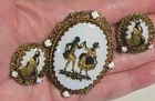 Vintage W Germany Brooch Earring Set Courting Couple Milk Glass Gold Black White