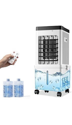 Evaporative Air Cooler, 15L Evaporative Cooling Fan with Remote & 2 Ice Packs