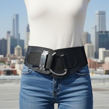 Women Black Elastic Fashion Belt Hip High Waist SILVER Metal Hook Buckle Fit S M