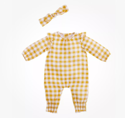 Mud Pie Baby Girls Yellow Gingham One-Piece & Bow Headband Size 12-18 Months