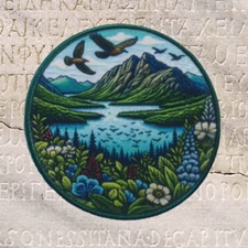 Hawk Eagle Patch Iron-on Applique Wild Animal Badge Lake Mountain Nature Lake