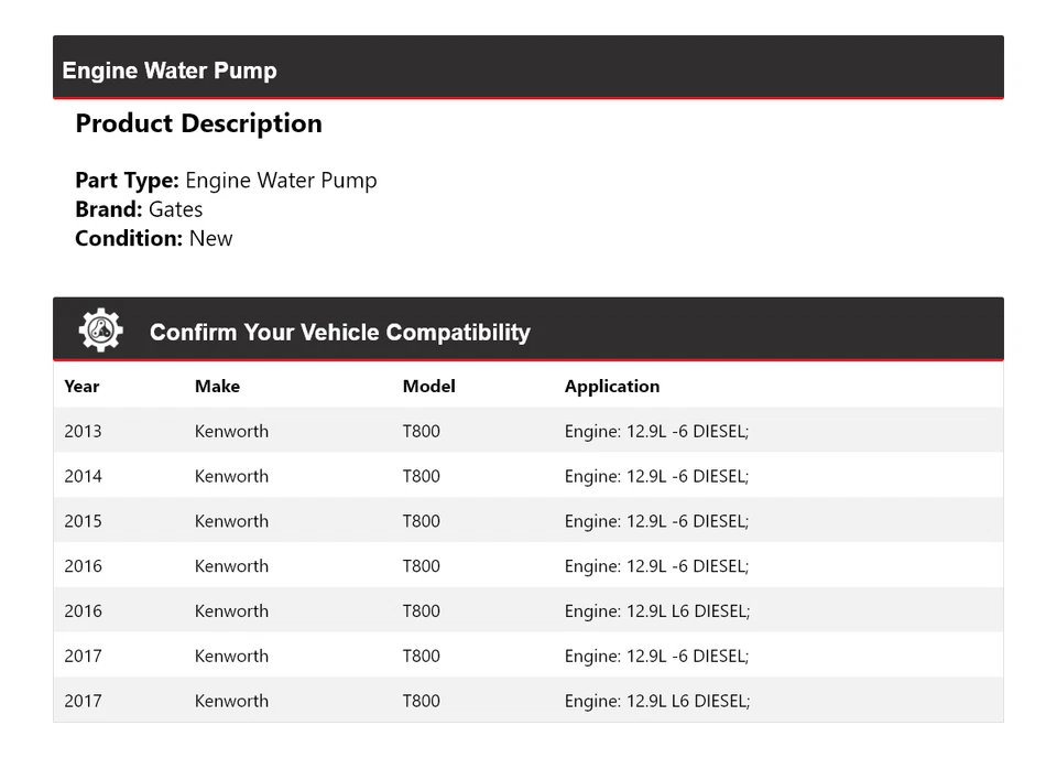 Puertas de bomba de agua para motor Kenworth T800 2013-2017 2014 2015 2016 Foto 2 de 4