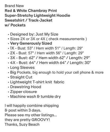 2X/3X/4X New Red White Chambray Hoodie Sweatshirt Track Jacket Knit Pockets Plus - Picture 11 of 12