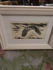 "Flying Heron" - Original 1937 Woodcut - Framed and Matted in Wooden Frame