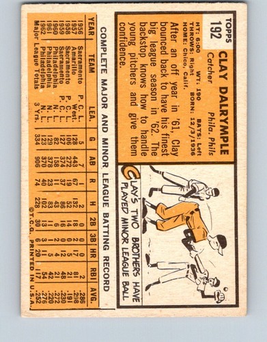VINTAGE BASEBALL CARD TOPPS 1963 PHILADELPHIA PHILLIES CLAY DALRYMPLE NO10 - Picture 2 of 2