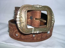 Tony Lama Brown Tooled Leather CRYSTAL Belt Antique Brass Copper Buckle 30" NWT