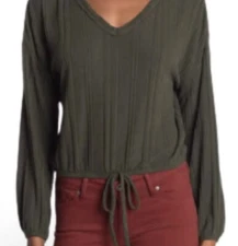White Willow Women's Long Sleeve Ribbed Drawstring Hem Top Green XS Retail $78