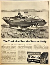1943 B.F. Goodrich Amphibious Trucks "Ducks" Sicily Italy WII Vintage Print Ad