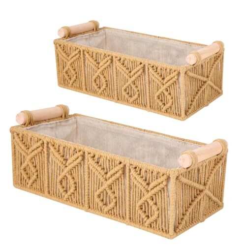Macrame Storage Baskets With Wood Handles, Boho Style Versatile Shelf Khaki-image
