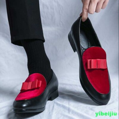 Bowknot Loafers Men's Velvet Leather Splicing Slip On Wedding Formal Dress Shoes