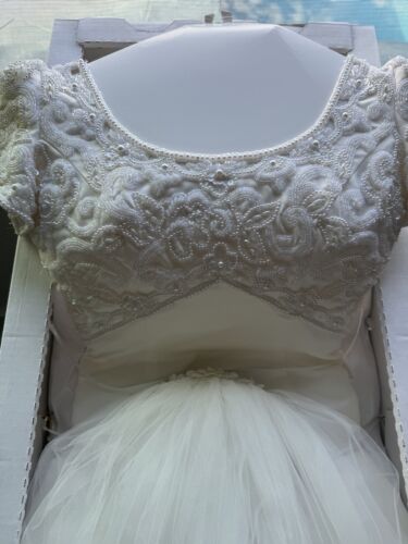 Size 8 Eden Bridals Wedding Dress Gown Short Sleeve Off White Pearls Preserved - Picture 1 of 10