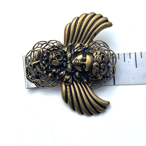 VTG Christmas Angel Brooch Rose Filigree Wings Cabochon Antique Gold Tone Pin - Picture 12 of 14