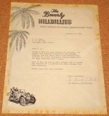 BEVERLY HILLBILLIES - VERY RARE 1964 TV series original letterhead/letter to fan