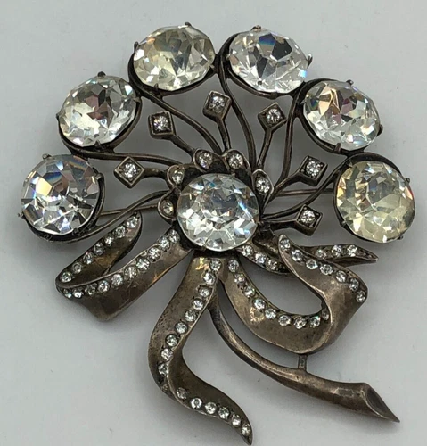 Vtg Eisenberg Original Silver Rhinestone Flower Ribbon Brooch Pin 80 Gr