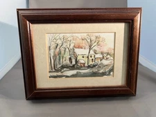 ORIGINAL Watercolor Painting of an Old Mill during winter Framed & Signed Small