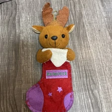 Vintage Mini Christmas Stocking 3D Plush Felt Reindeer Glass Eyes Y2K 8.5”