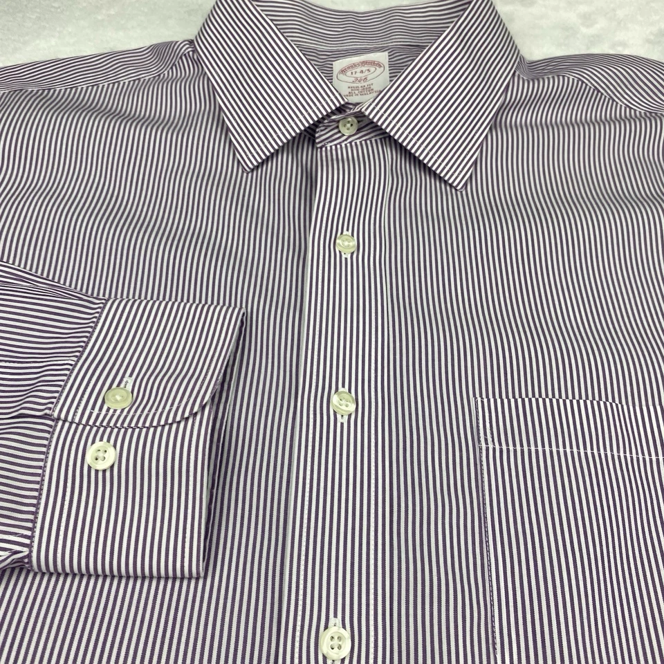 Brooks Brothers Mens Dress Shirt 17-4/5 Purple/White Stripes Regular No Iron - Image 4 of 4