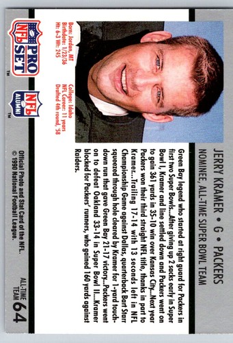 1990-91 Pro Set Super Bowl XXV Silver Anniversary #64 Jerry Kramer Packers - Picture 2 of 2