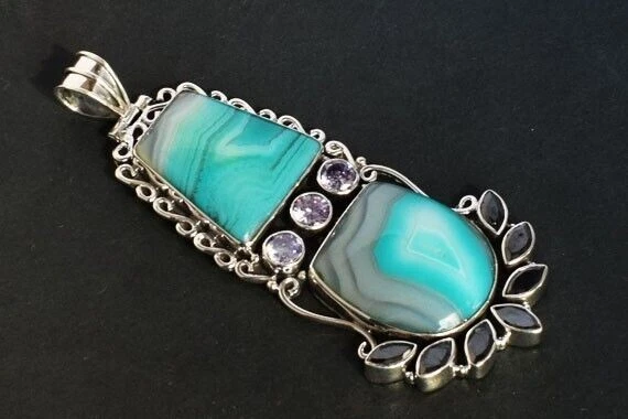 Gemma ENORME pedante argento sterling 925 onice nera agata blu gioielli... - Immagine 4 di 4