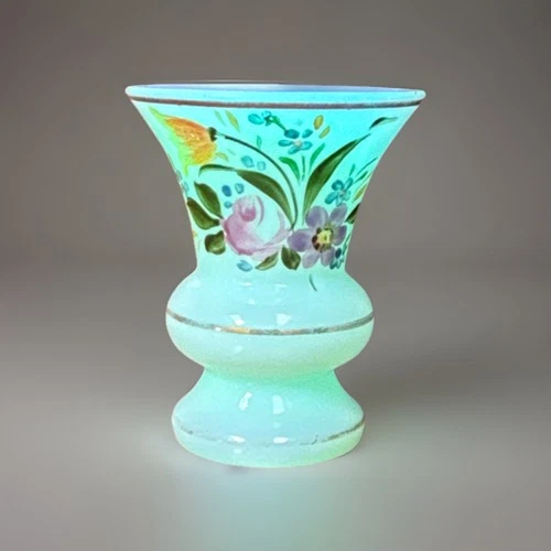 Vintage Czechoslovakia Hand Painted Floral Uranium Milk Glass Toothpick Holder