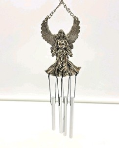 Vintage Angel Wind Chime Keychain 9" Cast Metal Guardian Angel Decor In/outdoor