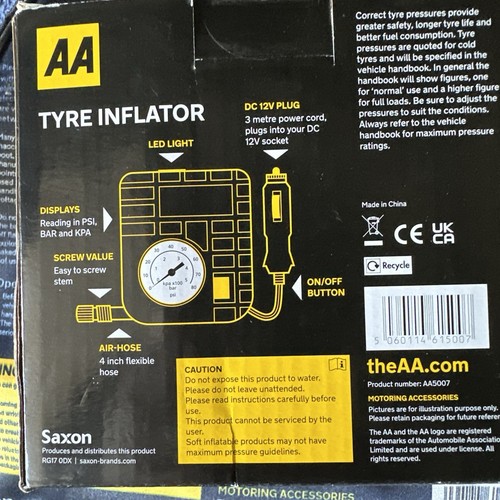 Electric Tyre Inflator AA. 3m Power Cord Compact. Cigarette Lighter Powered. - Picture 2 of 6