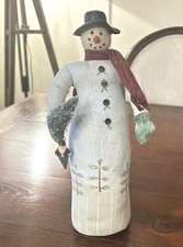 Primative Painted Canvas SNOWMAN w/Clay Head 12"