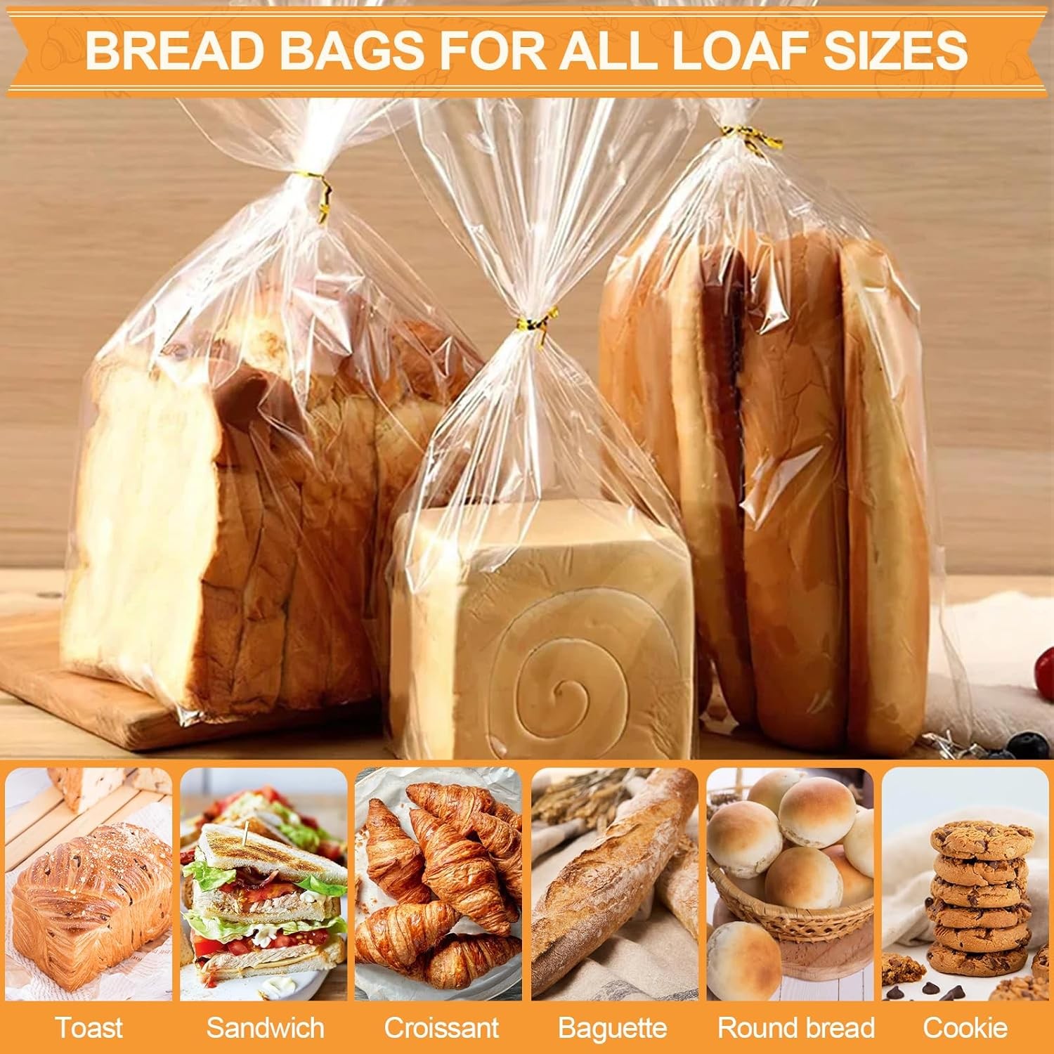vivinin 70 Pack Bread Bags & 100 Pack Ties, 8" x 4" x 18" Clear Bread Bags for H