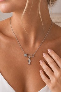 Authentic White Gold Plated CZ Safety Pin Cross Pendant Box Chain 20"
