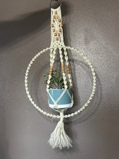 Macrame Plant Hanger, Beaded Off White, 33  MCM. Handmade 5.5  Pot. Boho. Hippie