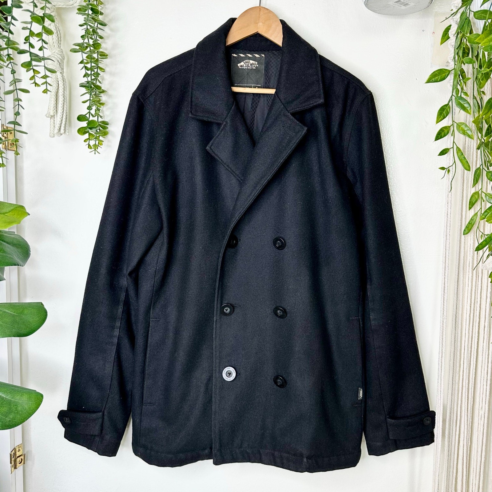 Vans Men's Minimalist Black Wool Blend Pea Coat Classic Academia Style-image