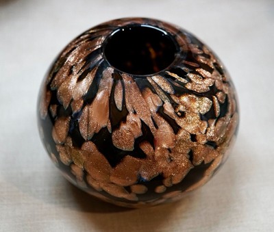 Signed VINCENZO NASON Hand Blown ORB VASE Black Glass with Copper inclusions
