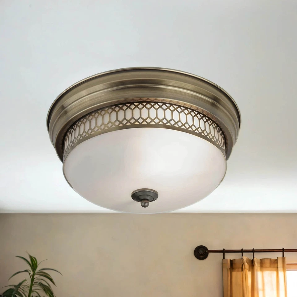 Deckenlampe Deckenleuchte Bar Ø 35 cm Messing Antik Weiß IP44 Glas Metall 2x E27 - Bild 3 von 4