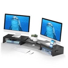 Dual Monitor Stand Riser with Smartphone Holder, Adjustable Length  Black