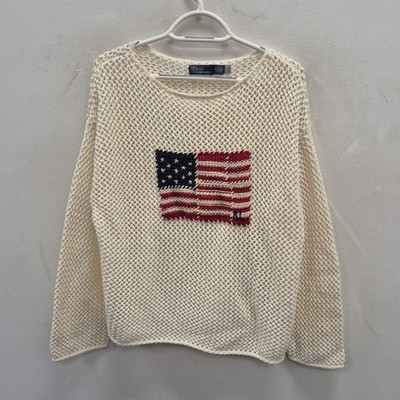 Ralph Lauren Leinen Pullover Pulli Häkel Strick USA amerikanische Flagge creme Medium