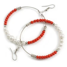 60mm Brick Red Glass and White Faux Pearl Bead Large Hoop Earrings in Silver