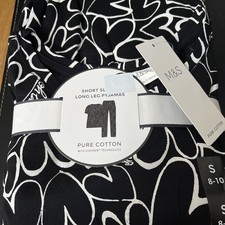 LADIES M&S S 8-10 BLACK WITH WHITE HEARTS COTTON LONG LEG SHORT SLEEVES PYJAMAS