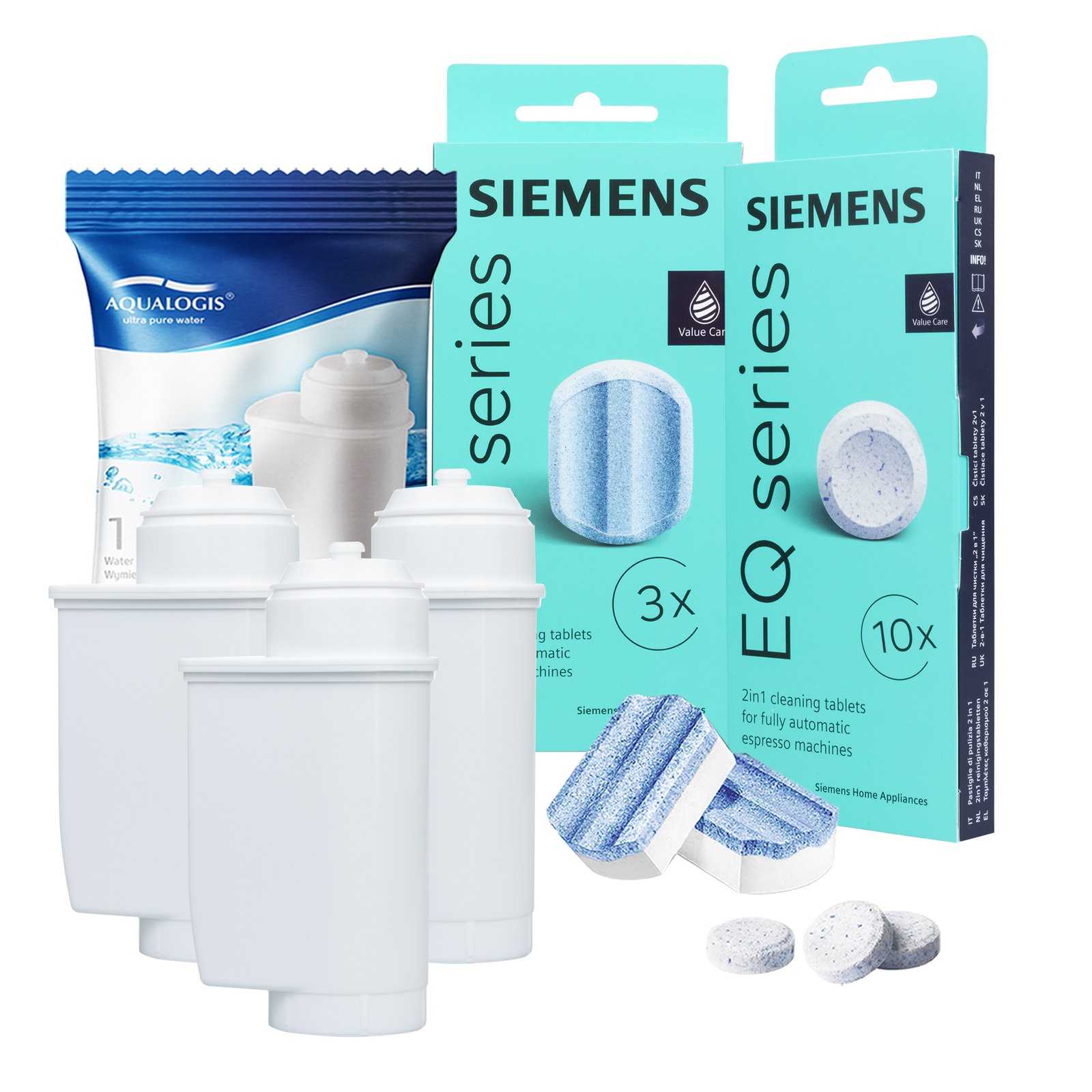 Set Siemens Entkalker Reinigungstabletten + 3x AL-Inte Wasserfilter Espresso