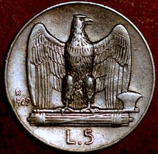 1929 Italia 5 Lire Vittorio Emanuele III argento KM# 67,2