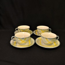 Vernonware 4 Cups & Saucers Tweed Plaid Yellow Grey Trim 1950-1954 Vernon MCM