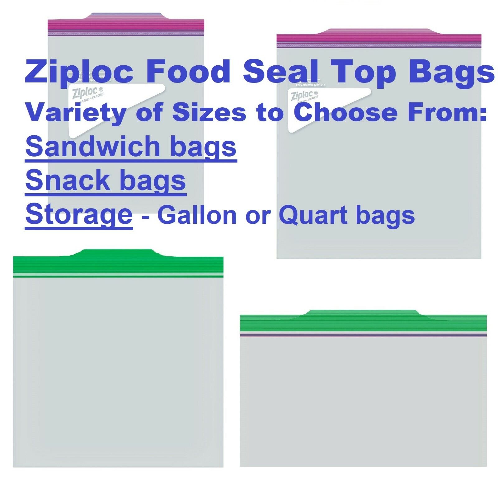 Ziploc Gallon, Quart, Sandwich, and Snack Storage Bags - Variety