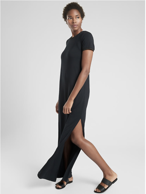 long black maxi dress with short sleeves Women's Black Short Sleeve Woven Maxi Dress