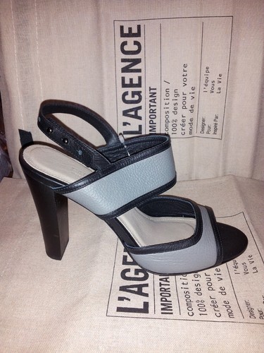 L'Agence JOAN Gray/Black Matte Leather Slingback Heels Shoes Sz 6.5USA/37 EU
