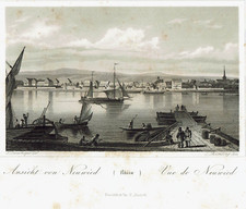 Ansicht Stahlstich ANSICHT VON NEUWIED Rhein Segelschiffe  Weinfaß um 1850