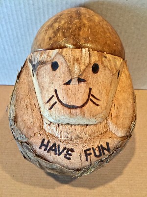 VINTAGE HAND CARVED COCONUT Monkey Face Folk Art Hat Tiki Souvenir Tropical Toy