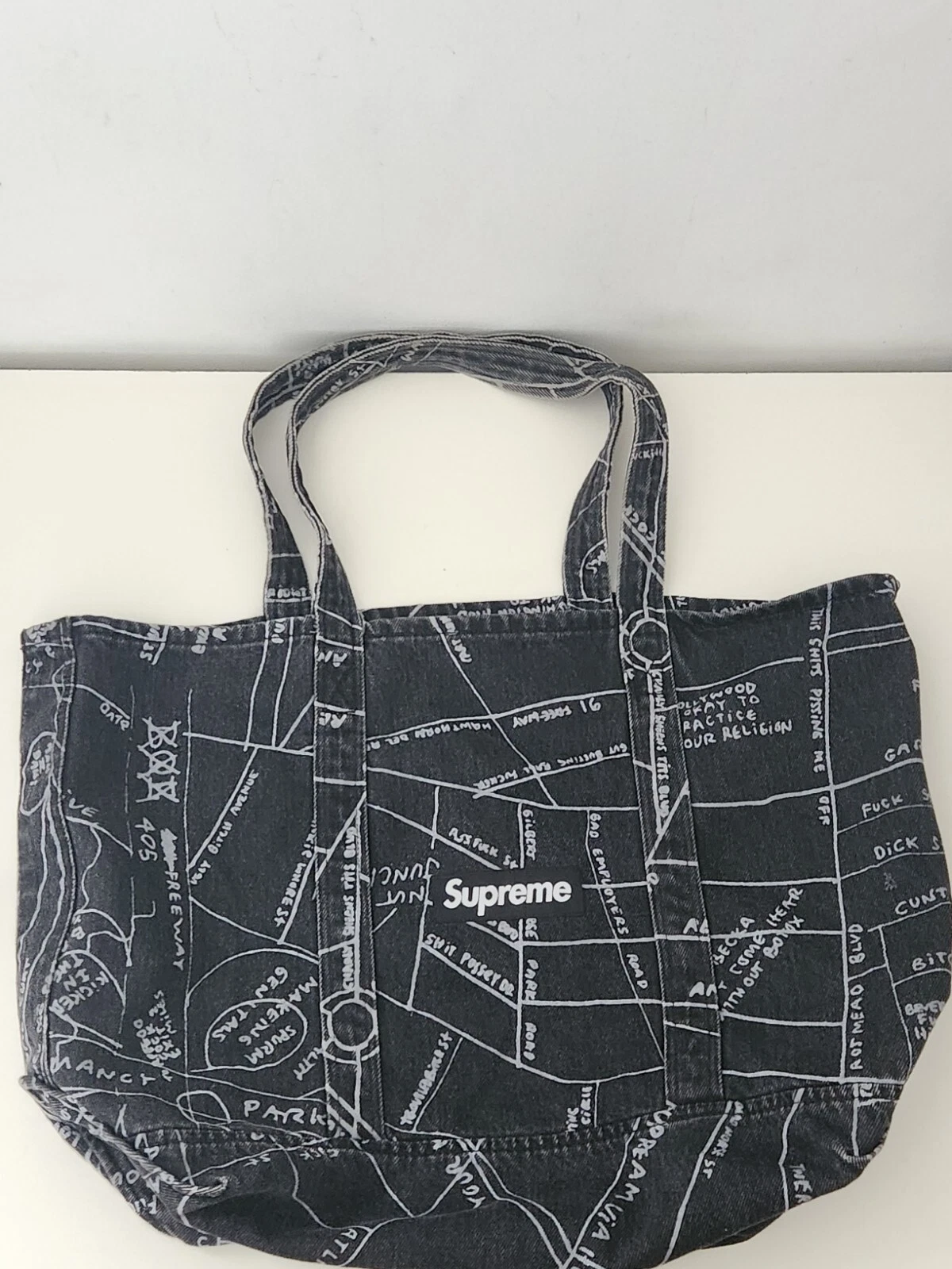 SS19 Supreme Gonz Map Denim Tote Cotton Artwork By Mark Gonzales Black Bag
