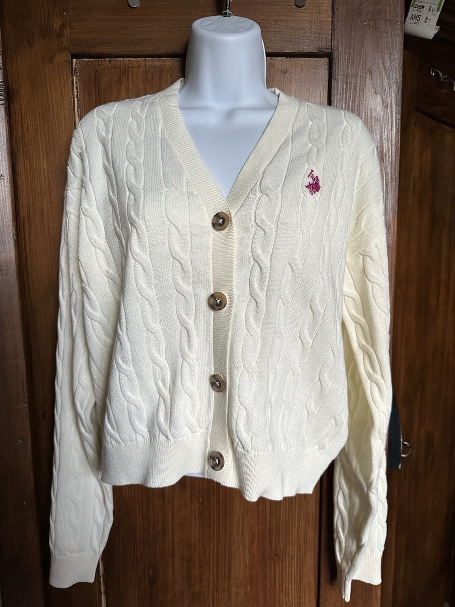 Us POLO ASSN Cream Cotton Cable Knit Cardigan Girl 15 16 And UK